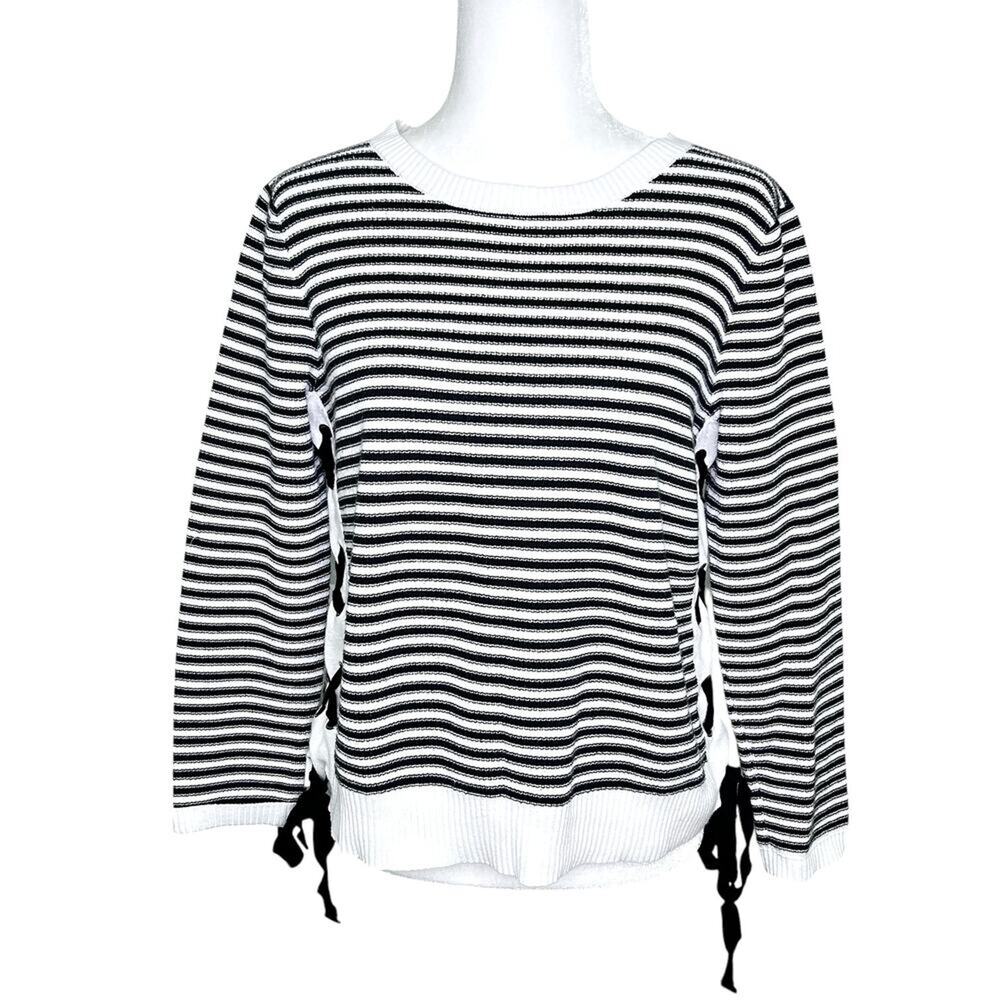 Cupio Black White Striped Long Sleeve Pullover Sweater Lace Up Sides Textured